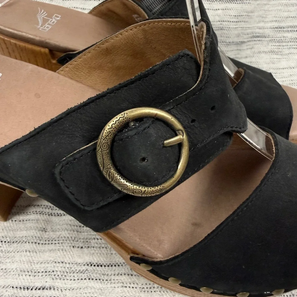 Dansko Ramona Black Suede Platform Heel Size 39 Studded Slip On Sandal Comfort - Picture 3 of 10